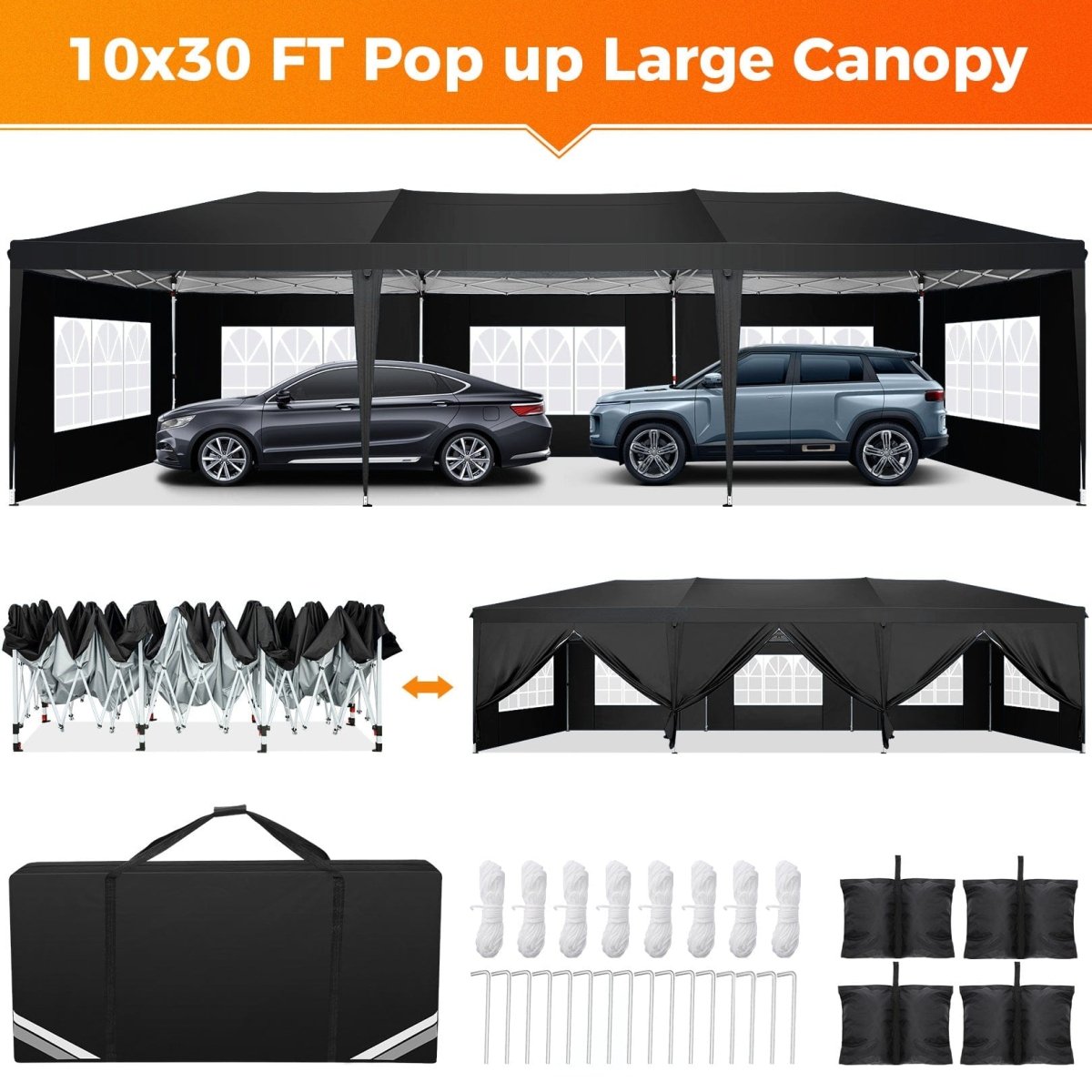 Hoteel 10x30 pop-up canopy tent with waterproof fabric, 8 sidewalls, and tote bag, ideal for outdoor events and parties.