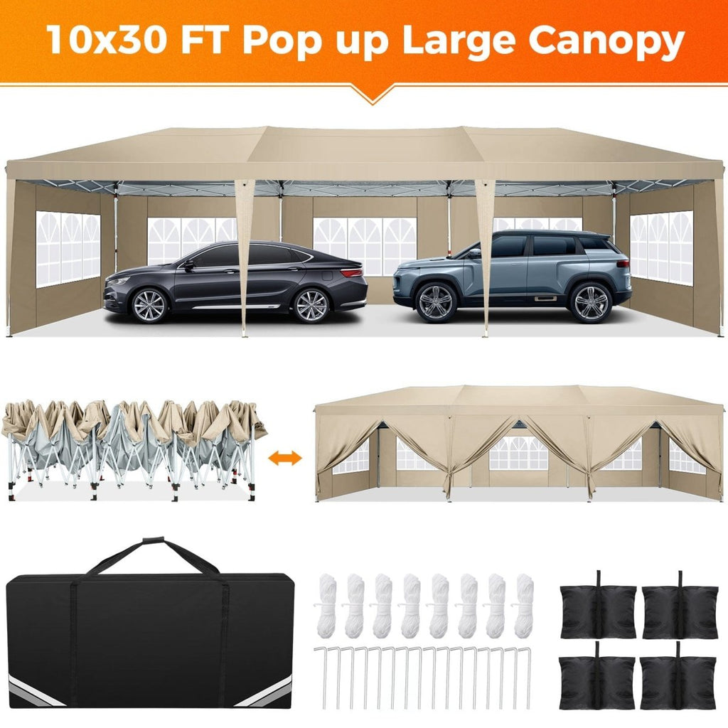 Hoteel 10x30 pop-up canopy tent with waterproof fabric, 8 sidewalls, and tote bag for outdoor parties and events.