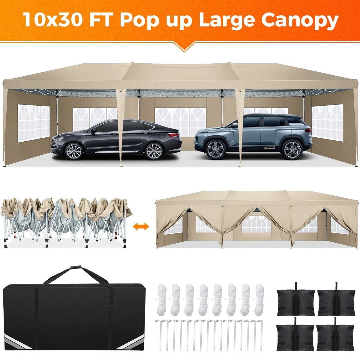 Hoteel 10x30 pop-up canopy tent with waterproof fabric, 8 sidewalls, and tote bag for outdoor parties and events.