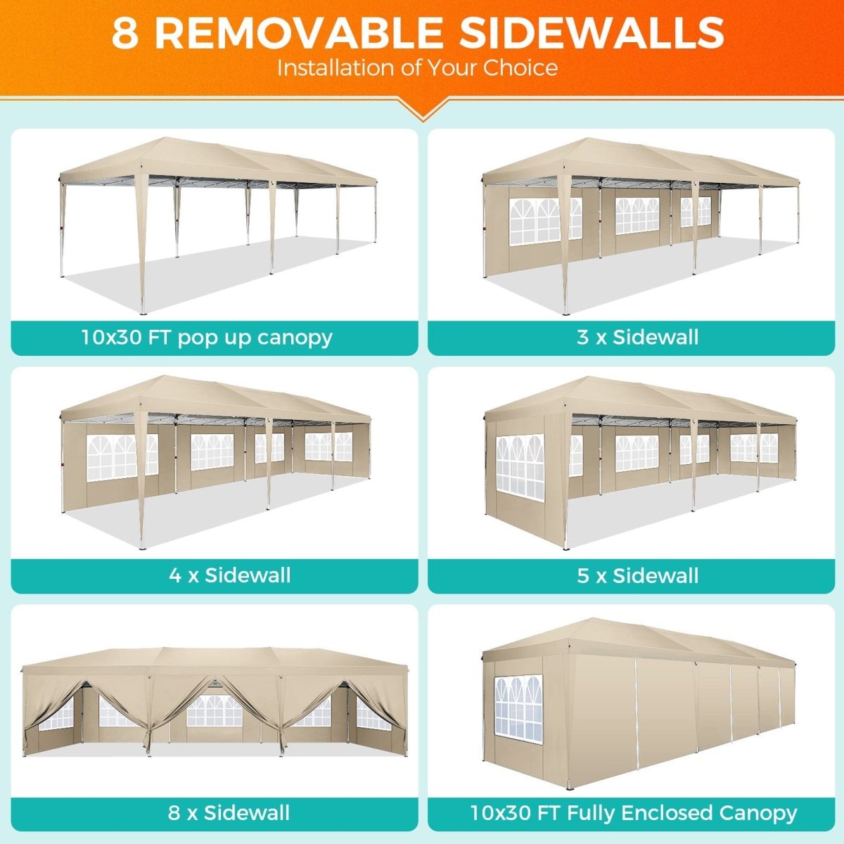 Hoteel 10x30 waterproof pop-up canopy tent with 8 removable sidewalls, commercial instant shelter for outdoor events and parties.