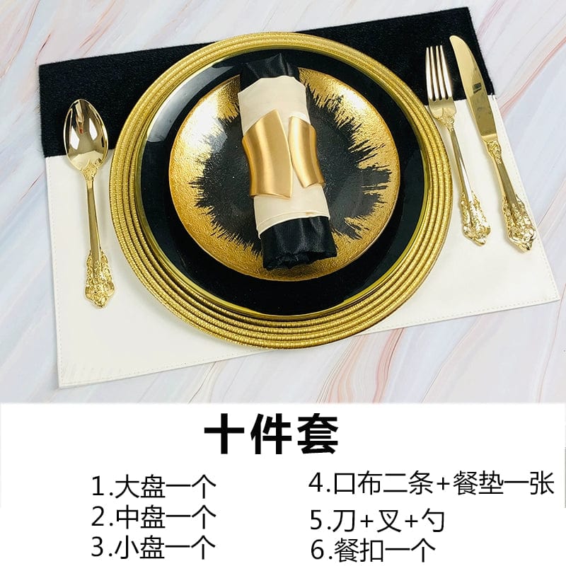 Showlu luxury bone china dinner plate with black and gold edge, flat dish ideal for elegant table settings and Western cuisine.