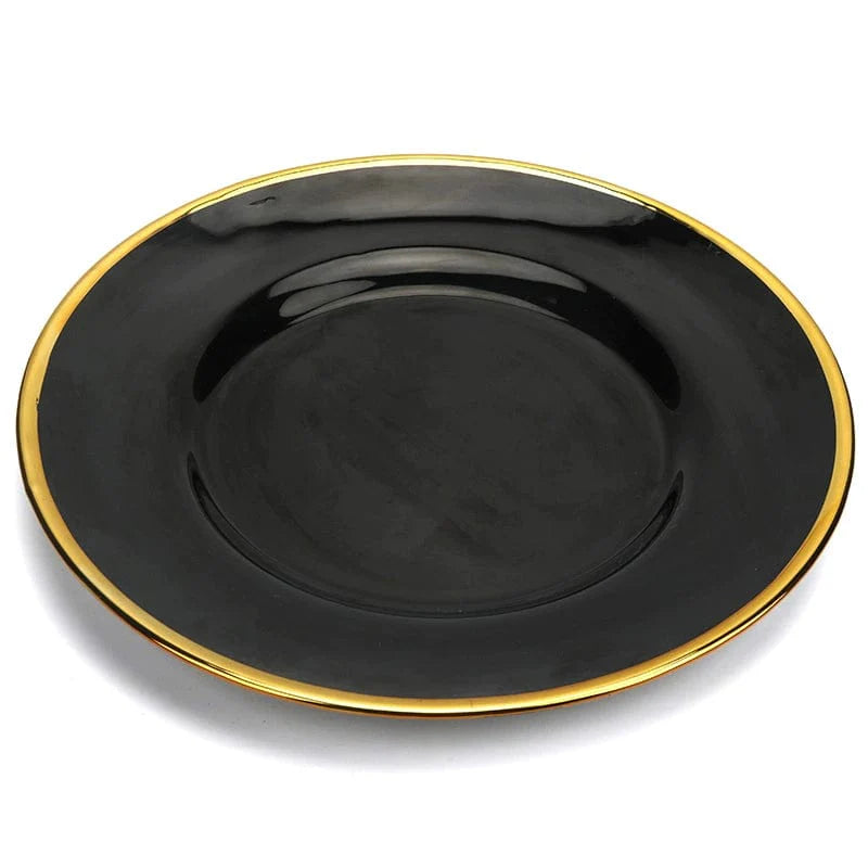 Showlu luxury bone china dinner plate with black and gold edge, ideal for elegant table settings and western-style meals.