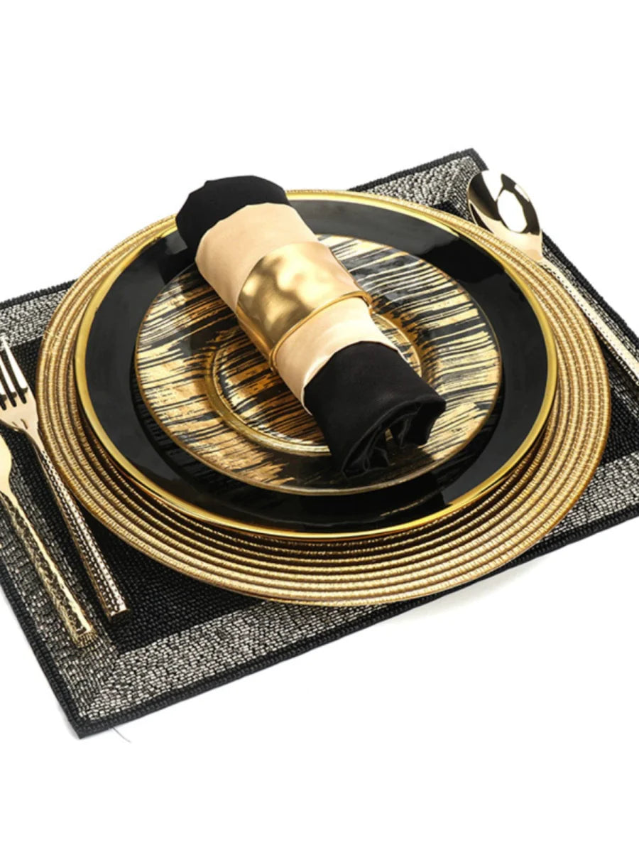 Showlu Luxury Bone China Dinner Plate with black and gold edge, flat dish for elegant Western-style meals, stylish table setting