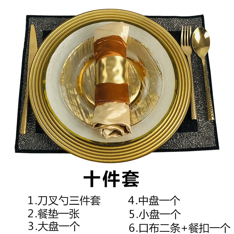 Showlu Luxury Bone China Dinner Plate with black and gold edge, elegant flat dish for steak and dinner presentation.
