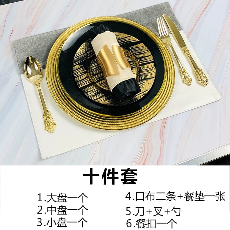 Showlu luxury bone china dinner plate with black and gold edge, flat dish for elegant Western meals and steak presentation.