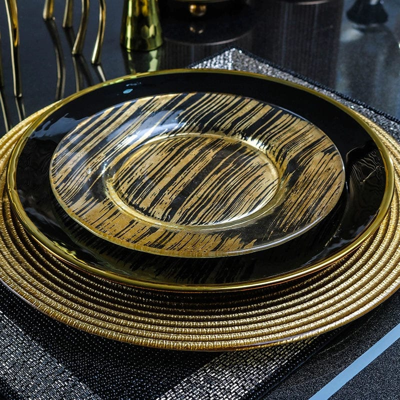 Showlu Luxury Bone China Dinner Plate with black and gold edge, elegant flat dish for steak and dinner presentation.