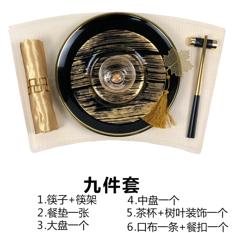 Showlu Luxury Bone China Dinner Plate with black and gold edge, elegant flat dish for steak and dinner presentation.