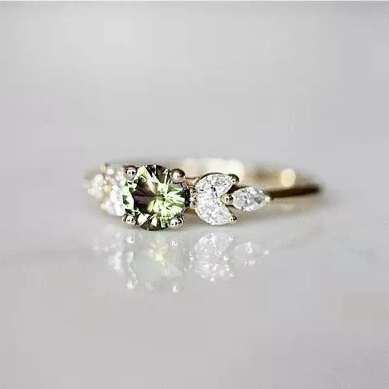 Huitan women's olive green zircon wedding ring with gold leaf band, elegant and trendy jewelry for women.