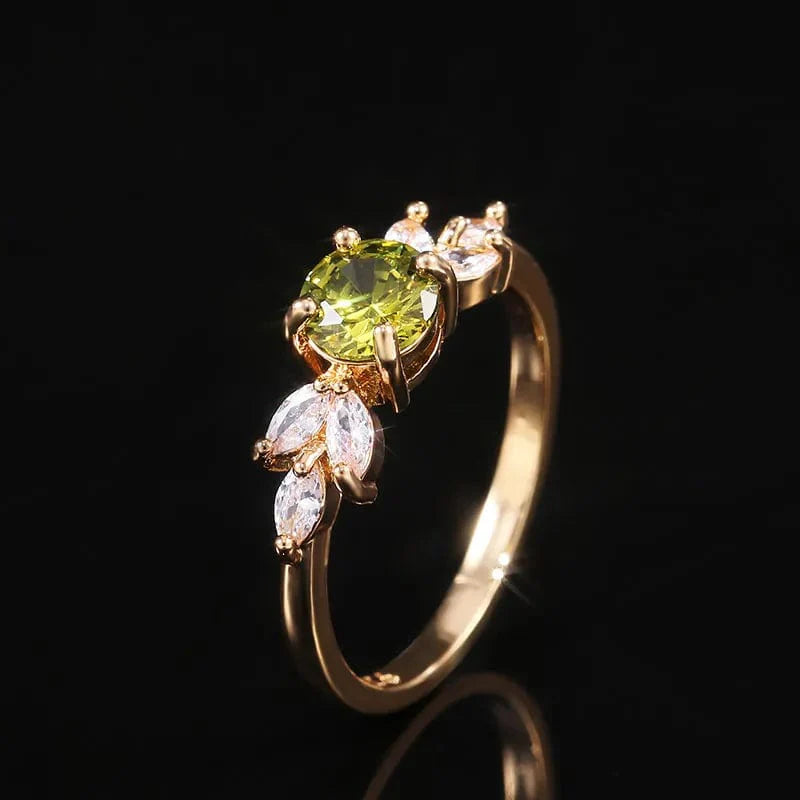 Huitan women's olive green zircon wedding ring with gold leaf band, elegant and trendy jewelry for women.