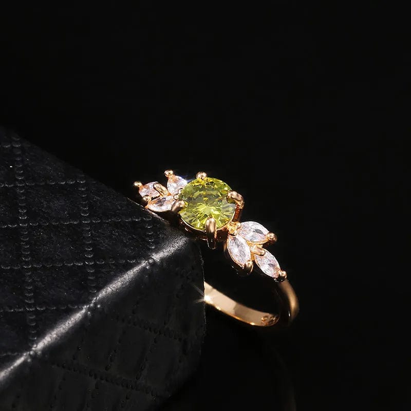 Huitan women's olive green zircon wedding ring with gold leaf band, elegant and trendy jewelry for women.