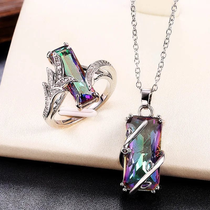Huitan multicolored cubic zirconia jewelry set with trendy ring and necklace, featuring rectangular stones for women’s anniversary or party wear
