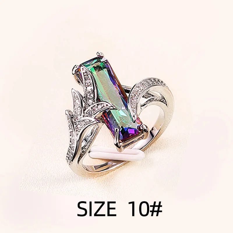 Huitan multicolored cubic zirconia jewelry set featuring a rectangular stone ring and matching necklace, stylish for special occasions.
