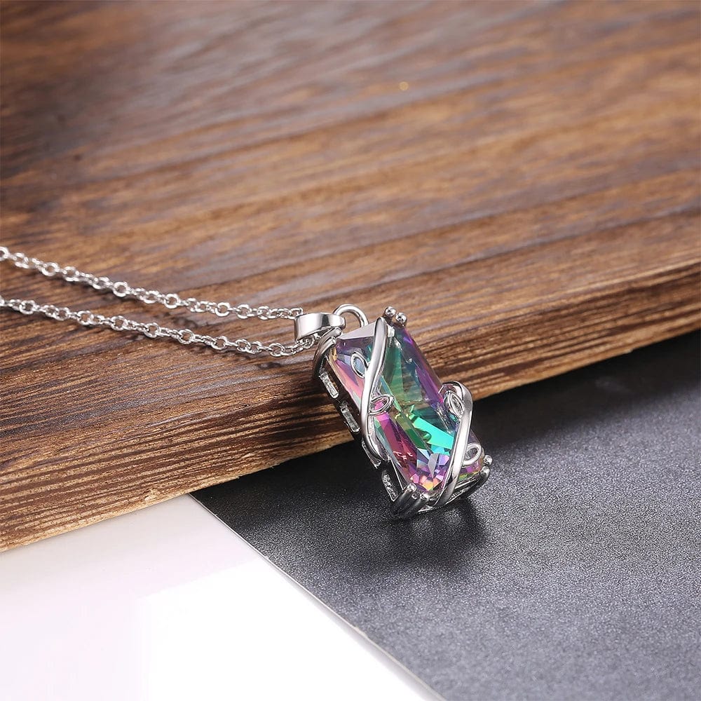 Huitan multicolored cubic zirconia jewelry set with a trendy ring and necklace, featuring rectangular stones for women’s anniversary or party.