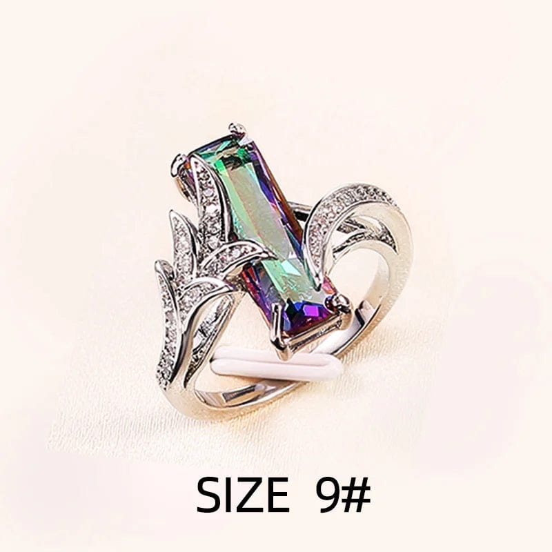 Huitan multicolored cubic zirconia jewelry set with a trendy ring and necklace featuring rectangular stones for women.