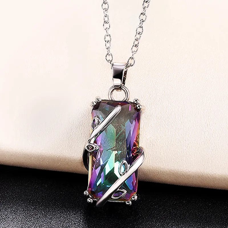 Huitan multicolored cubic zirconia jewelry set with a trendy ring and necklace, featuring rectangular stones for women’s anniversary or party wear