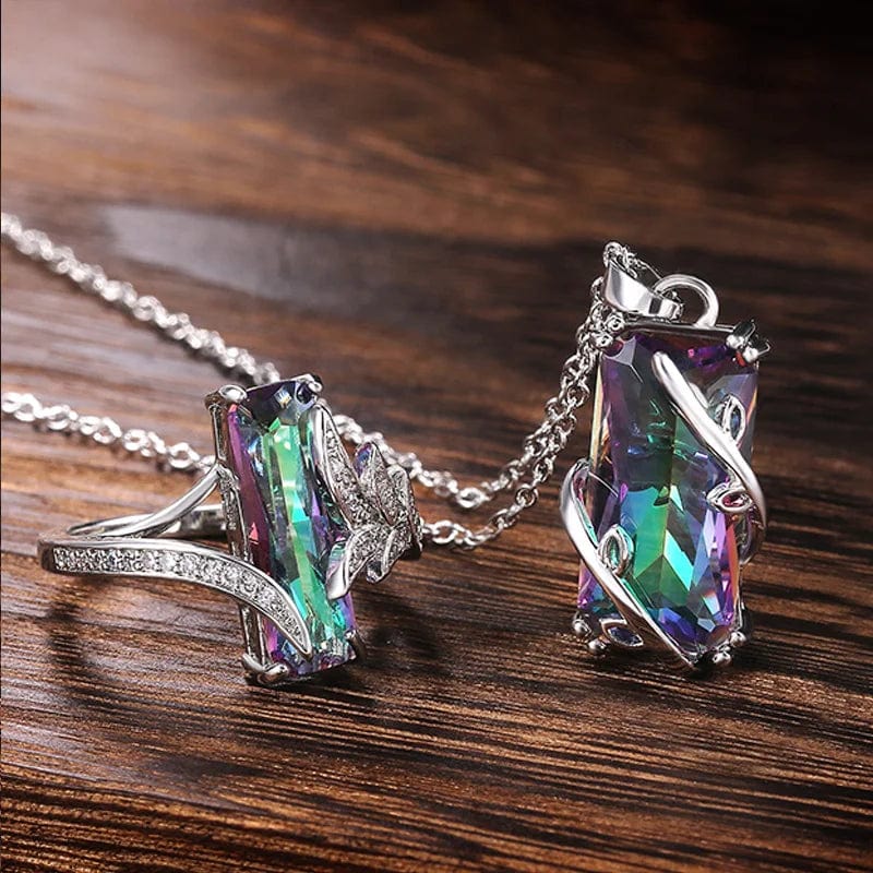 Huitan multicolored cubic zirconia jewelry set featuring a trendy ring and necklace with rectangular stones, perfect for special occasions