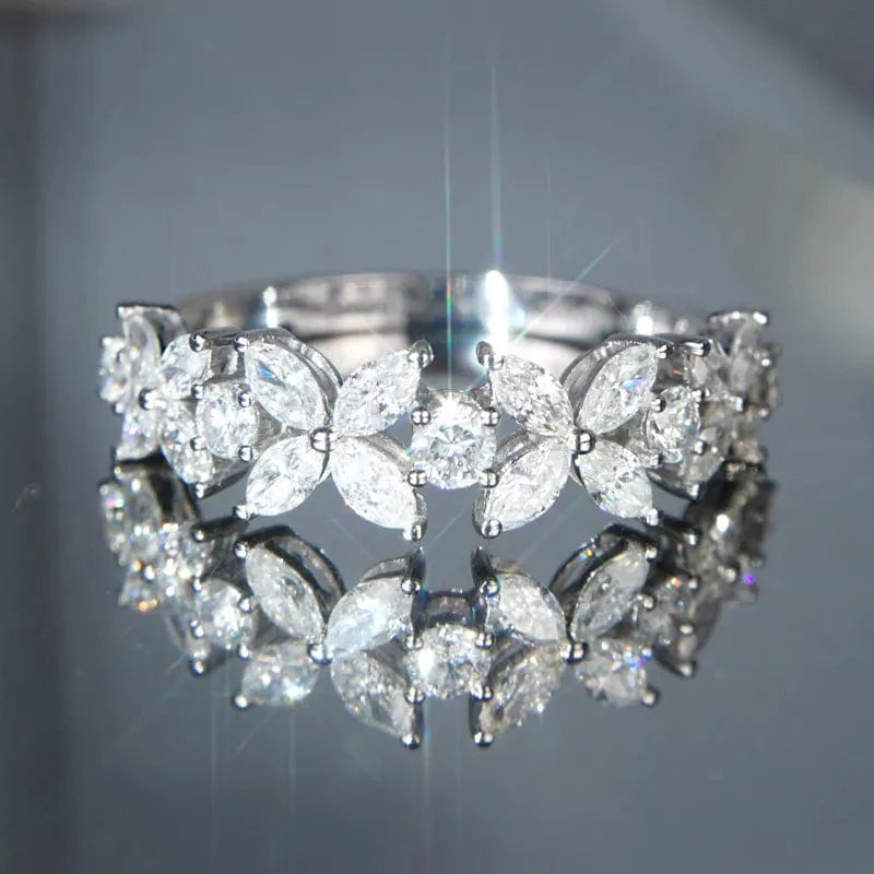 Huitan Flower Bridal Wedding Ring with white CZ stones, brass jewelry for women featuring a romantic floral design.