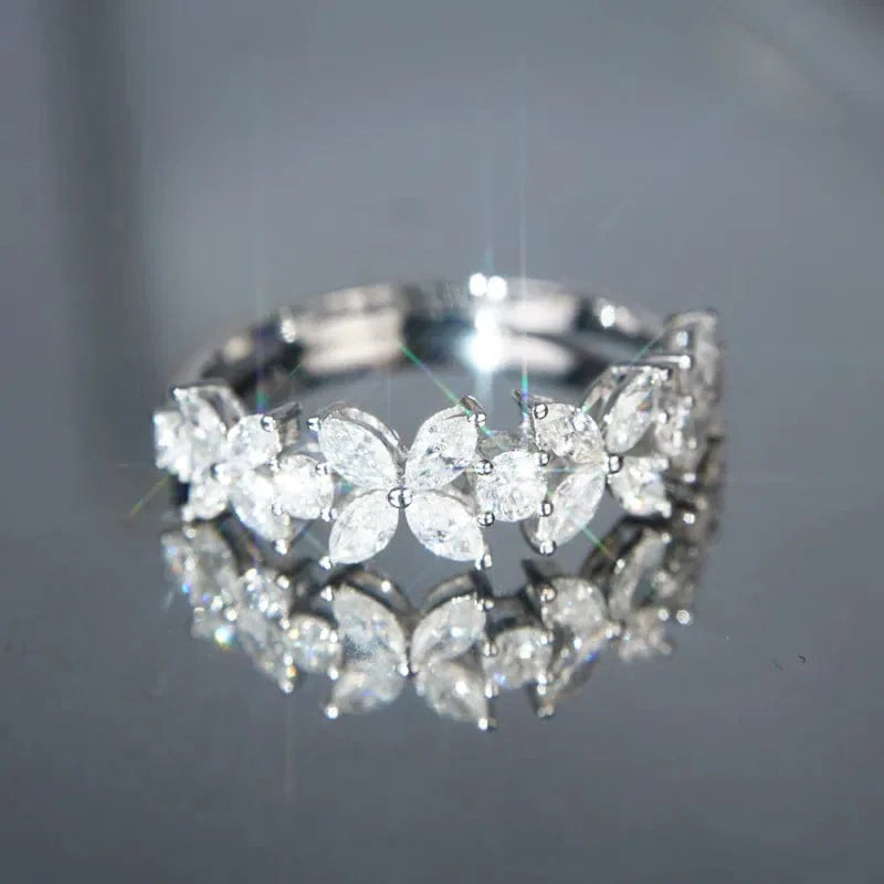 Huitan Flower Bridal Wedding Ring with white CZ stones and brass band, elegant statement jewelry for women.