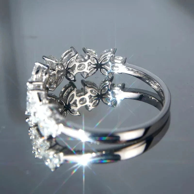 Huitan Flower Bridal Wedding Ring with white CZ stones and brass band, elegant jewelry for women, romantic floral design.