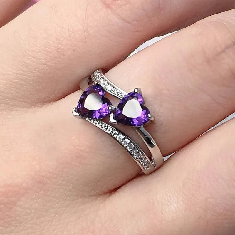 Silver-plated Showlu Double Heart Cubic Zirconia Ring, stylish wedding band for women and girls, perfect gift for birthdays.