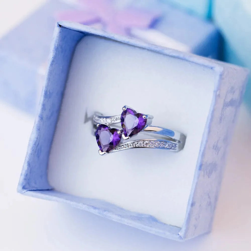 Silver-plated Showlu Double Heart Cubic Zirconia Ring featuring two heart-shaped stones, perfect as a wedding or gift ring for women.