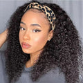 Kinky curly 36-inch Brazilian Remy human hair headband wig by SHOWLU FASHION STORE, glueless full machine-made curly bob style.