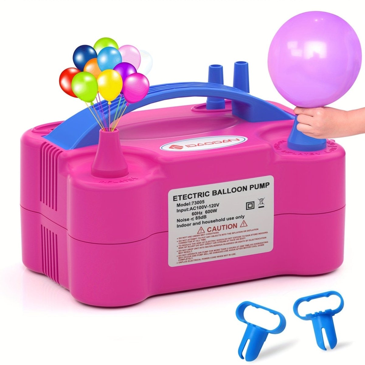 IDAODAN Electric Balloon Pump with dual nozzles, 600W portable air inflator in rose red for quick inflation at parties and events