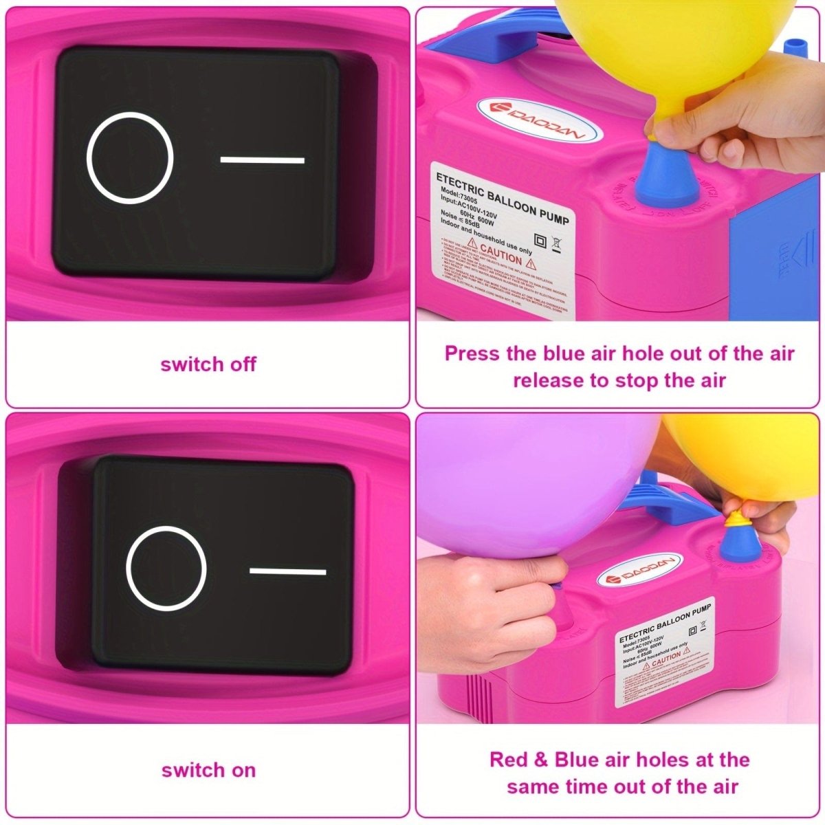 IDAODAN Electric Balloon Pump in rose red with dual nozzles, 600W portable air inflator for quick balloon inflation at parties.