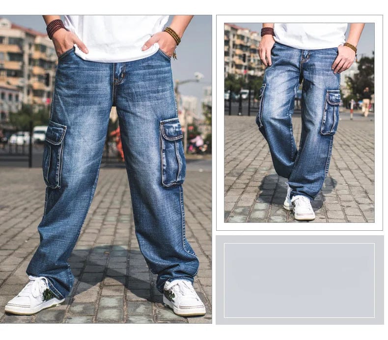 Idopy Men`s Cargo Jeans Multi Pockets Hip Hop Style Loose Fit Street Designer Vintage Denim Pants Trousers Plus Size 30 - 46 - SHOWLU FASHION STORE