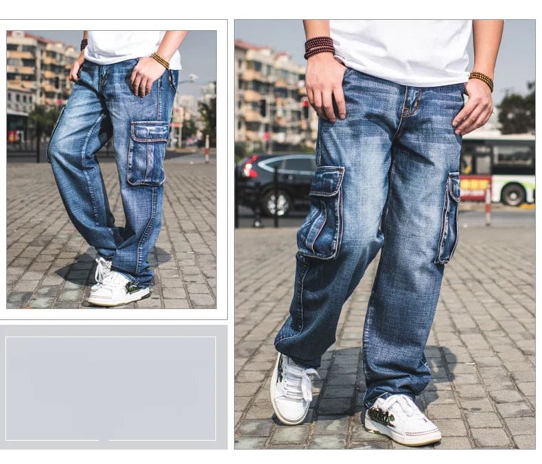 Idopy Men`s Cargo Jeans Multi Pockets Hip Hop Style Loose Fit Street Designer Vintage Denim Pants Trousers Plus Size 30 - 46 - SHOWLU FASHION STORE