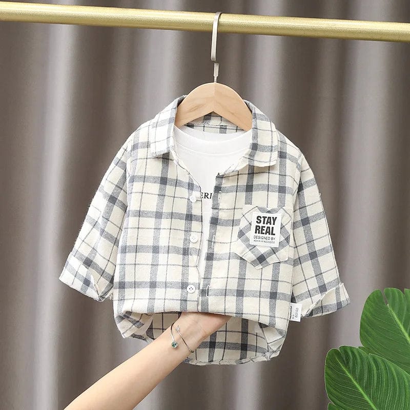 Toddler boy plaid cotton long sleeve shirt by IENENS, showing a preppy blouse with a classic checkered pattern and button front.