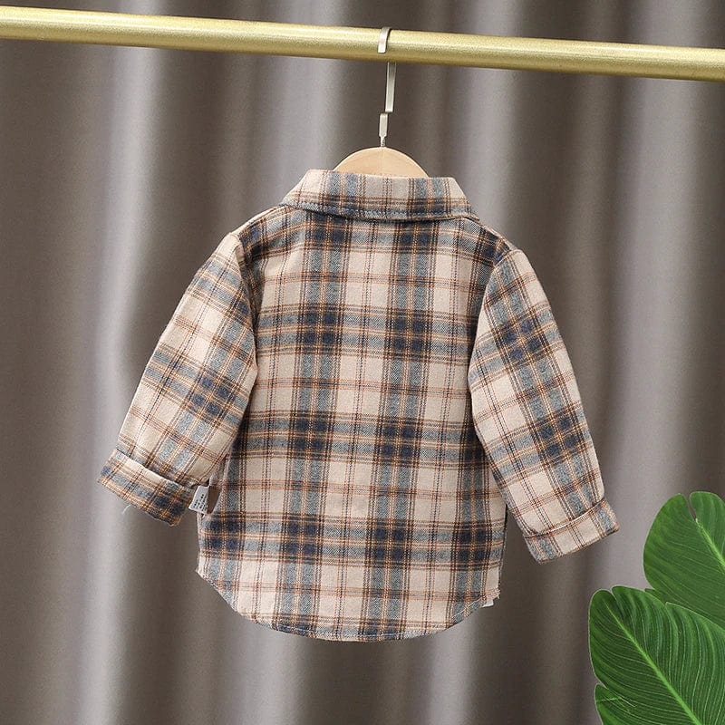 Kids plaid cotton long sleeve shirt for toddlers, showing a preppy blouse style in a classic pattern, suitable for boys ages 1 to 4.