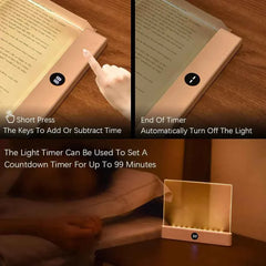 A rechargeable book light with a built-in timer display, shown illuminating a book at night.