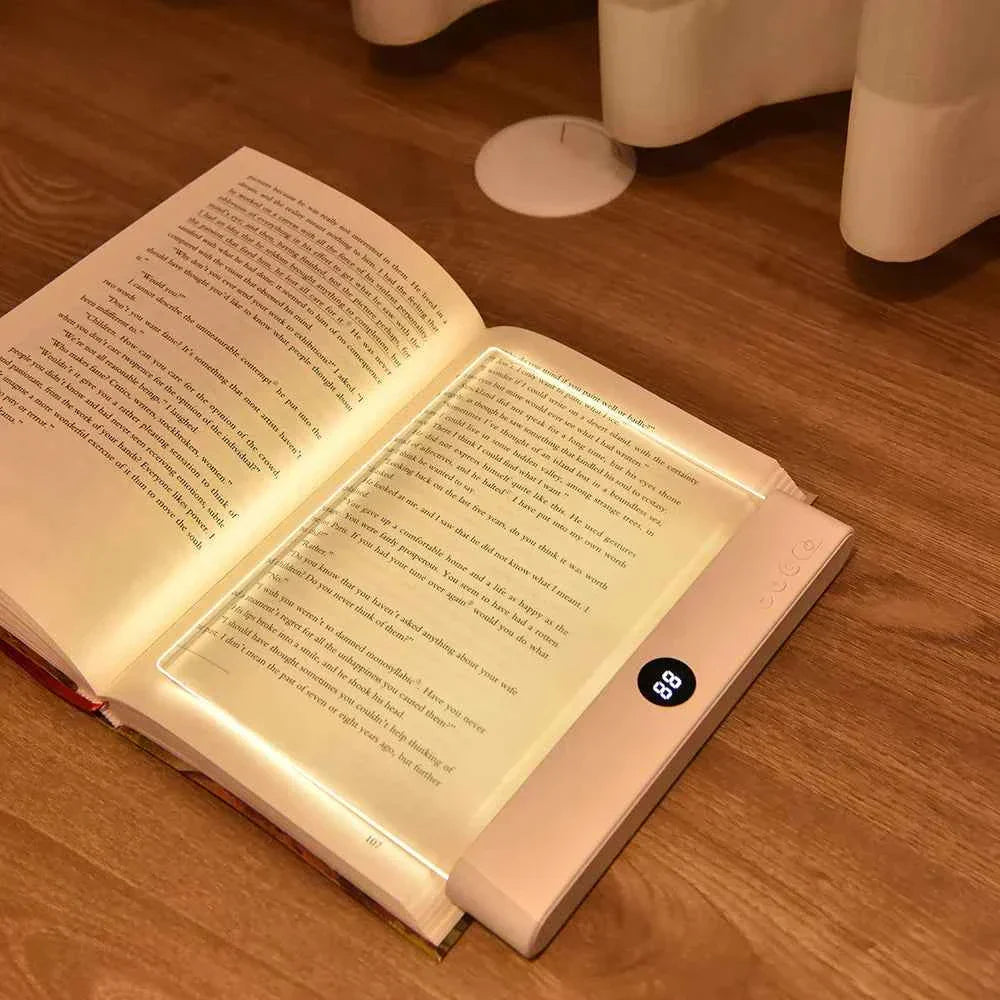 Rechargeable GlowRead book light by MZvul Factory Store, eye-friendly dimmable reading lamp with adjustable brightness.