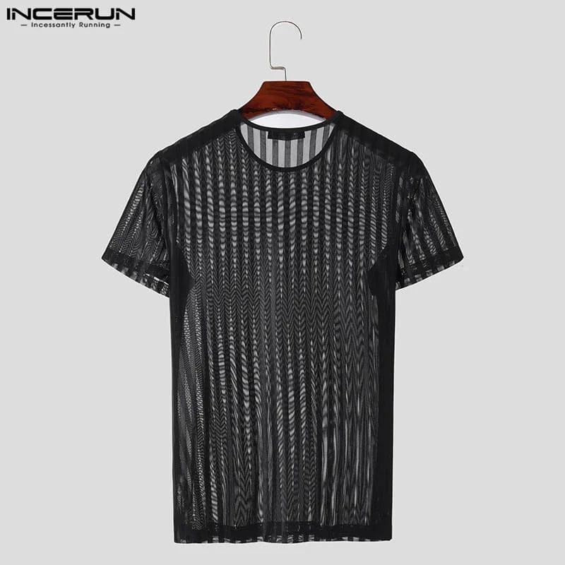 Men's striped mesh transparent T-shirt by INCERUN featuring short sleeves and a fitted, sexy streetwear style.