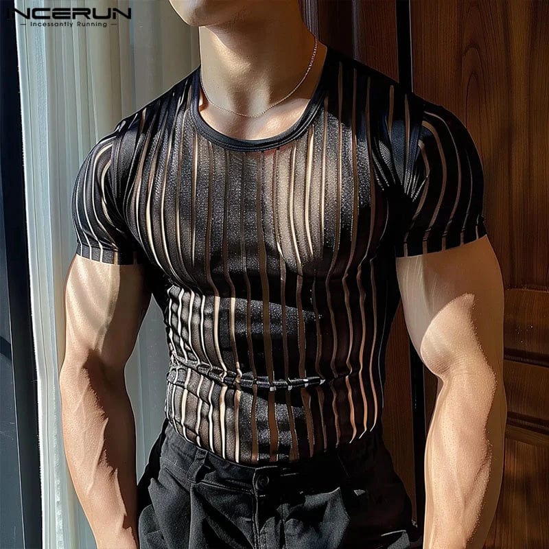 Incerun men's striped mesh transparent T-shirt with short sleeves and O-neck, showcasing a sexy, skinny streetwear fashion style.