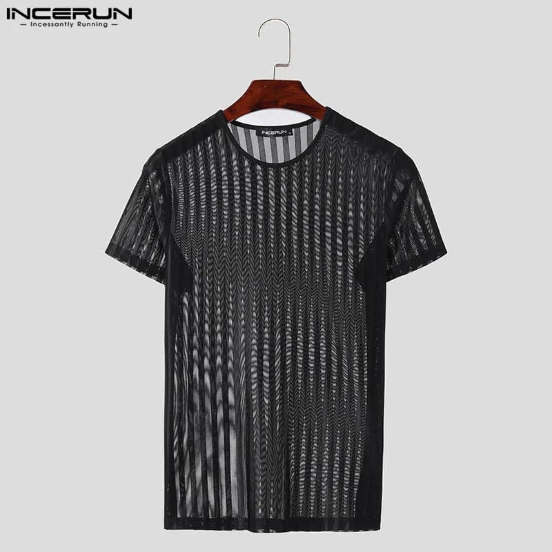 Incerun men's striped mesh transparent T-shirt with short sleeves, O-neck, skinny fit, stylish streetwear fashion top.