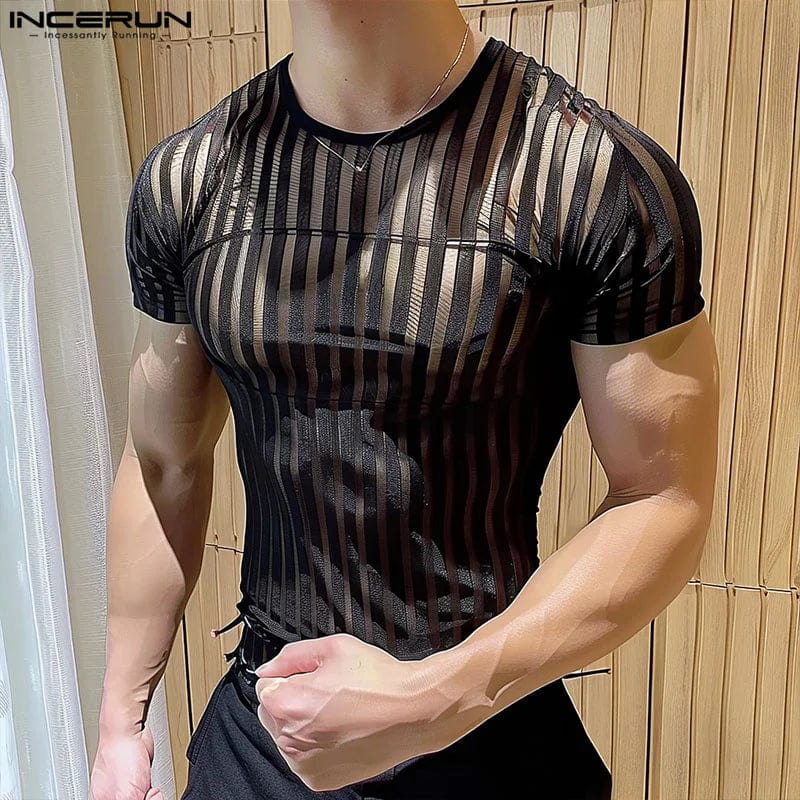 Men's striped mesh transparent T-shirt by INCERUN, featuring a sexy skinny fit, short sleeves, and O-neck design for streetwear style.