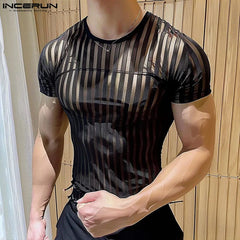 INCERUN Men T Shirt Striped Mesh Transparent O - neck Short Sleeve Men Clothing Streetwear 2024 Sexy Skinny Fashion Tee Tops S - 5XL - SHOWLU FASHION STORE