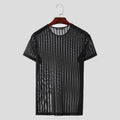 Incerun men's striped mesh transparent T-shirt with short sleeves and O-neck, showcasing a slim, sexy streetwear style.