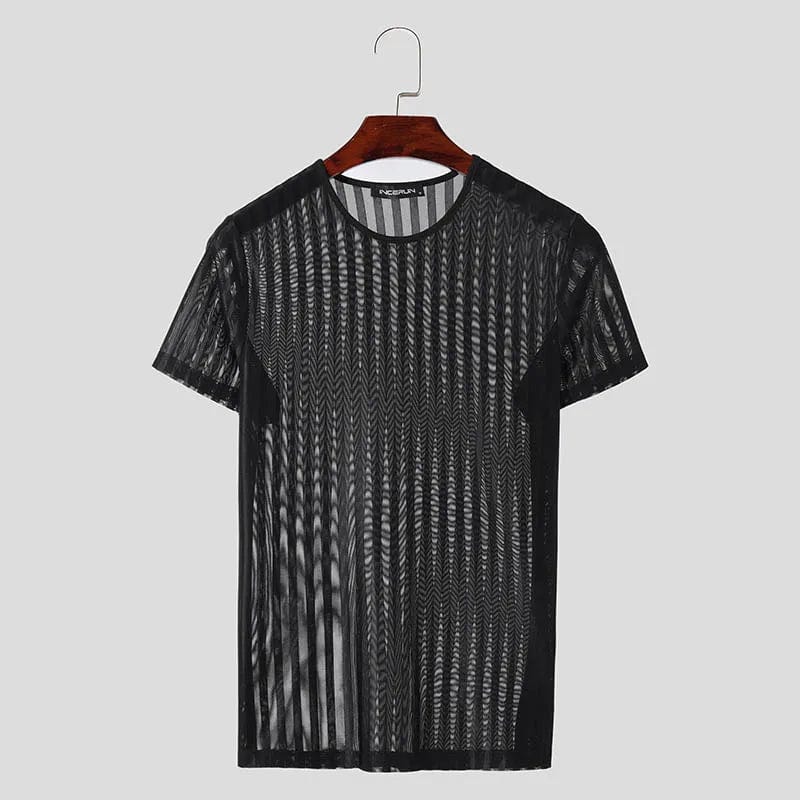 Incerun men's striped mesh transparent T-shirt with short sleeves and O-neck, showcasing a slim, sexy streetwear style.
