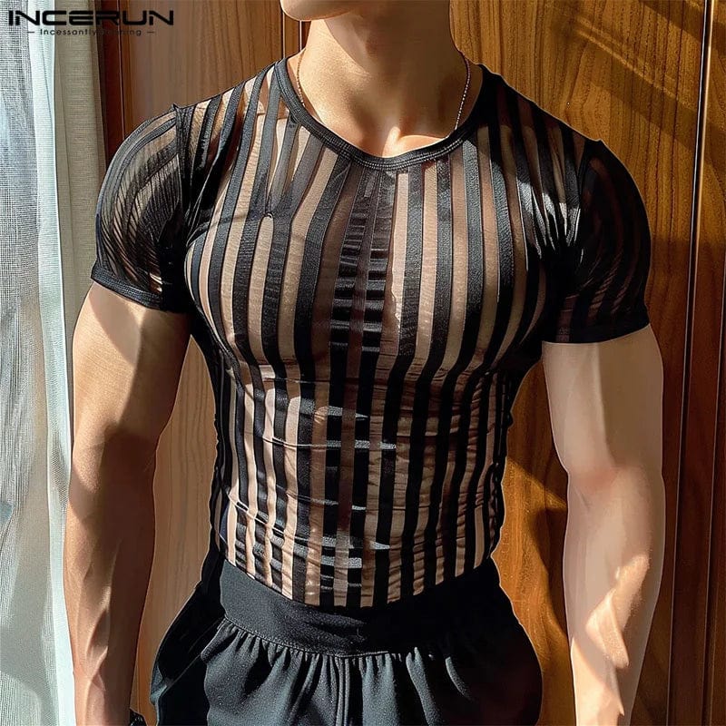 Men's striped mesh transparent T-shirt by INCERUN featuring sexy, skinny fit, short sleeves, and O-neck design for streetwear fashion.