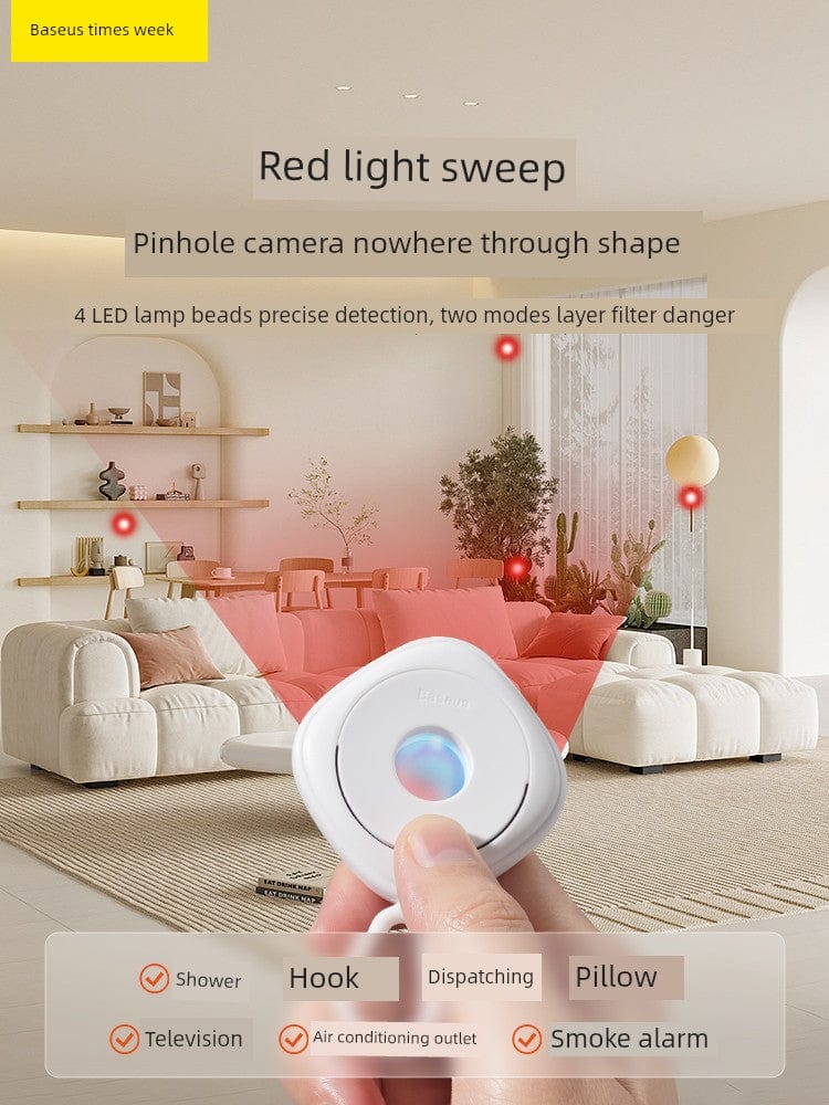 Portable Baseus infrared hotel surveillance camera detector showing infrared sensors and compact design for security detection.