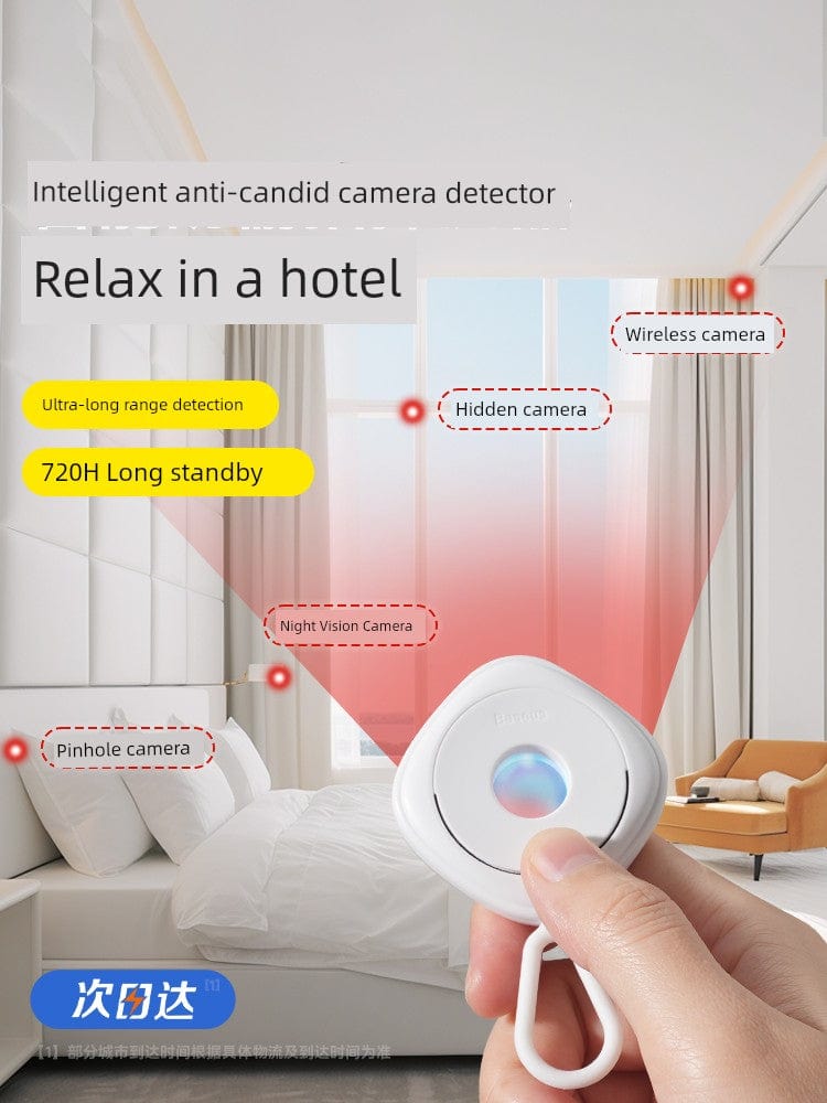 Portable Baseus infrared hotel surveillance camera detector for security, shown with infrared sensors in compact design.