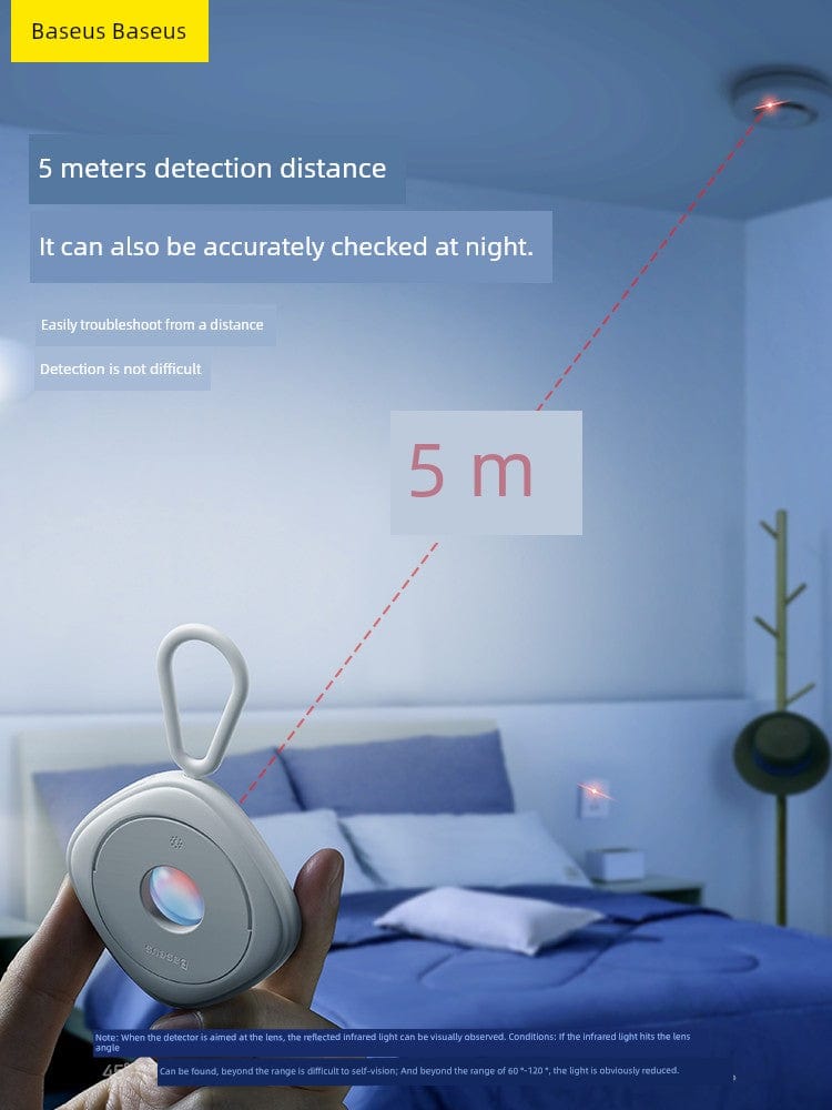 Baseus infrared hotel surveillance camera detector showing a compact portable security device with infrared sensors.