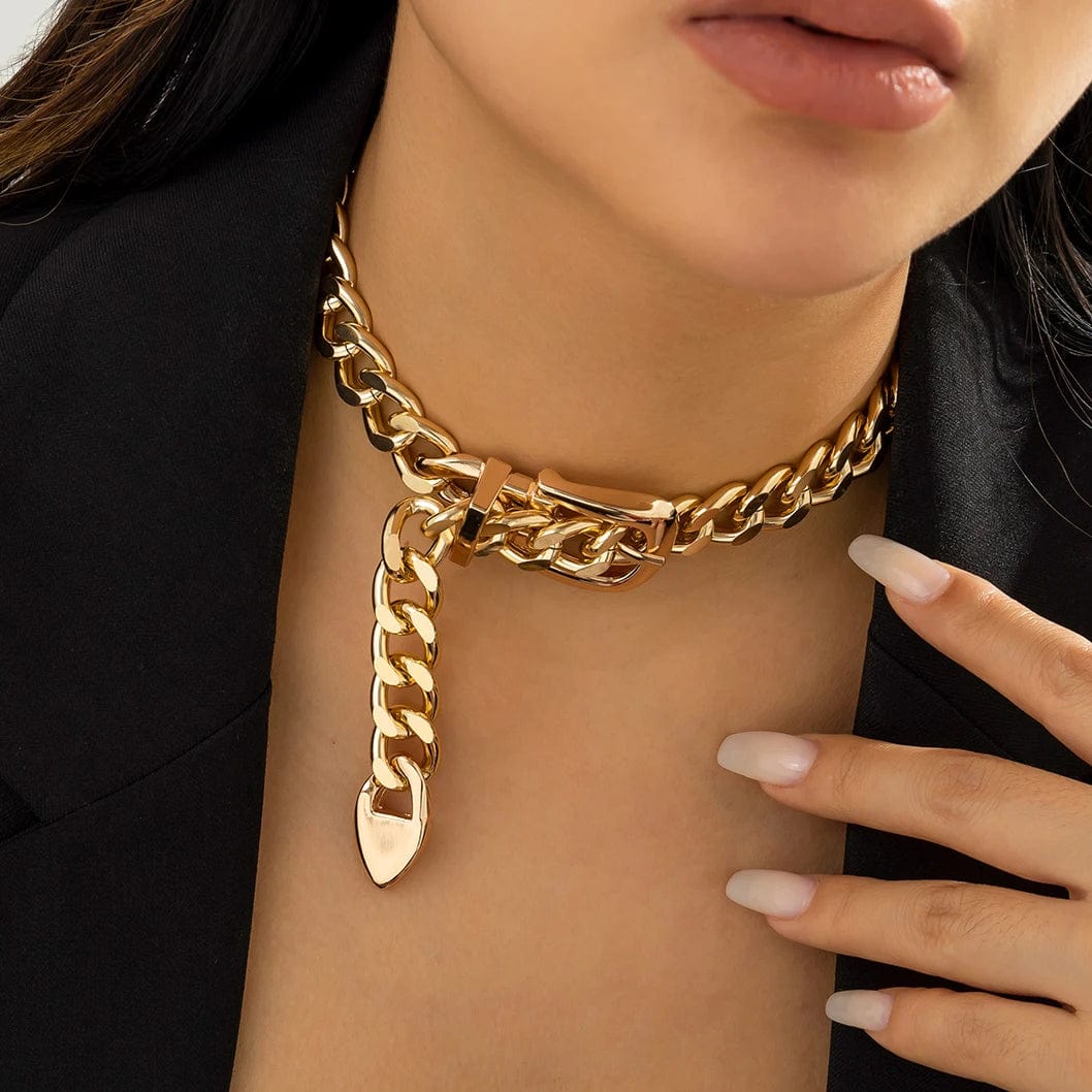 Ingemark heavy metal chunky chain choker necklace for women, punk aluminum belt style with grunge and steampunk design.