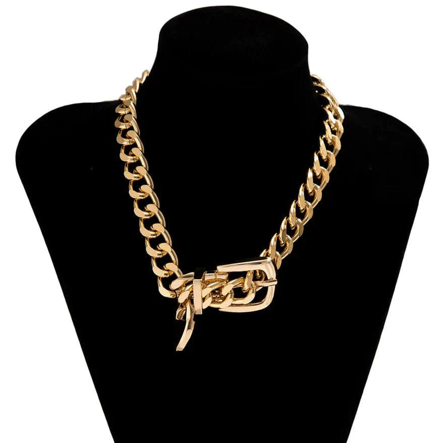 Ingemark heavy metal chunky chain choker necklace, punk aluminum belt design, bold grunge jewelry for women and men.