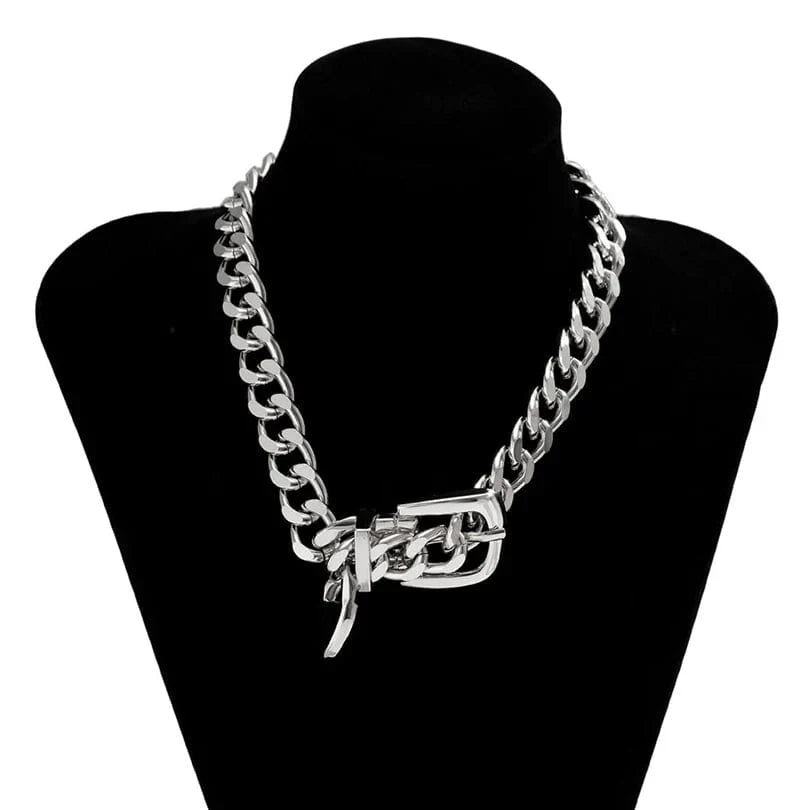 Ingemark Heavy Metal Chunky Chain Choker for women, punk aluminum belt necklace with thick, grunge-inspired steampunk design.
