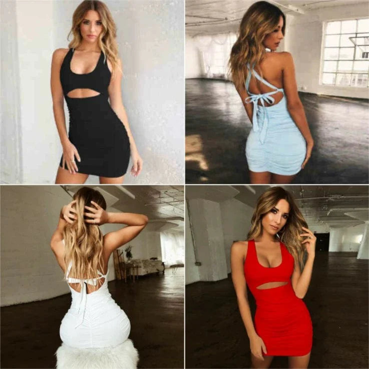 Showlu Fashion women's sleeveless backless V-neck dress with cross straps, stylish and elegant for special occasions.