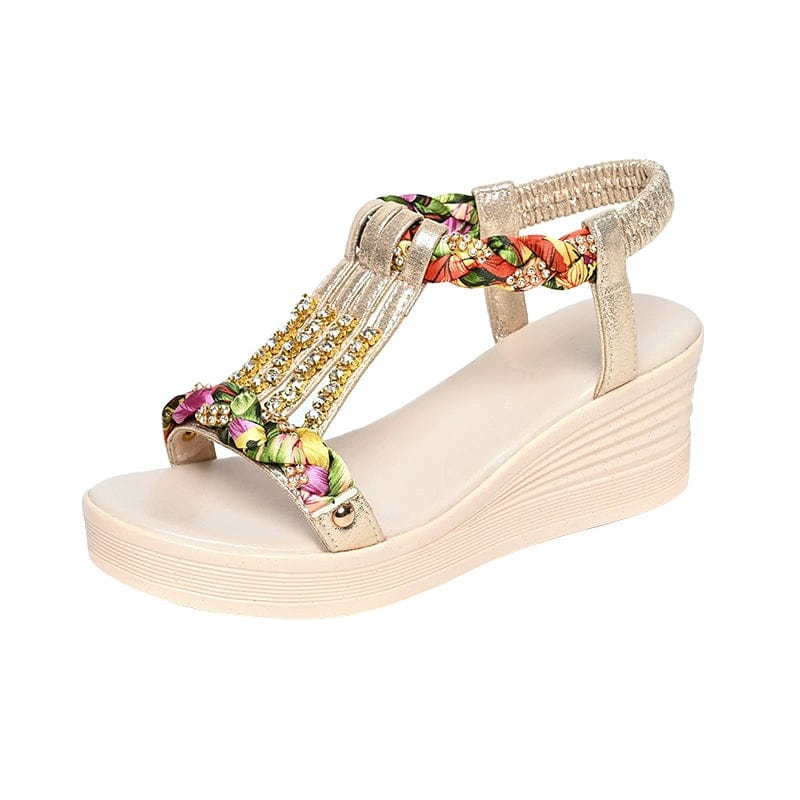 Korean style women's rhinestone platform wedge sandals by Showlu Fashion, featuring shiny embellishments and a trendy design.